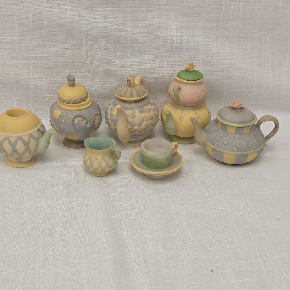 Russ Berrie Miniature Resin Teapot Tea Set Mixed Lot 8 Pc Dollhouse Fairy Garden
